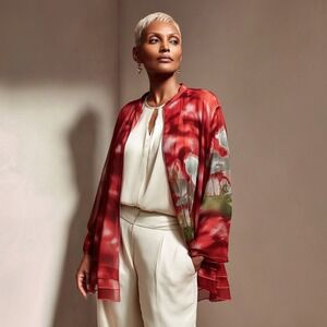 Citron Santa Monica 100% Silk Open Front Cardigan 3X Red Floral Art To Wear